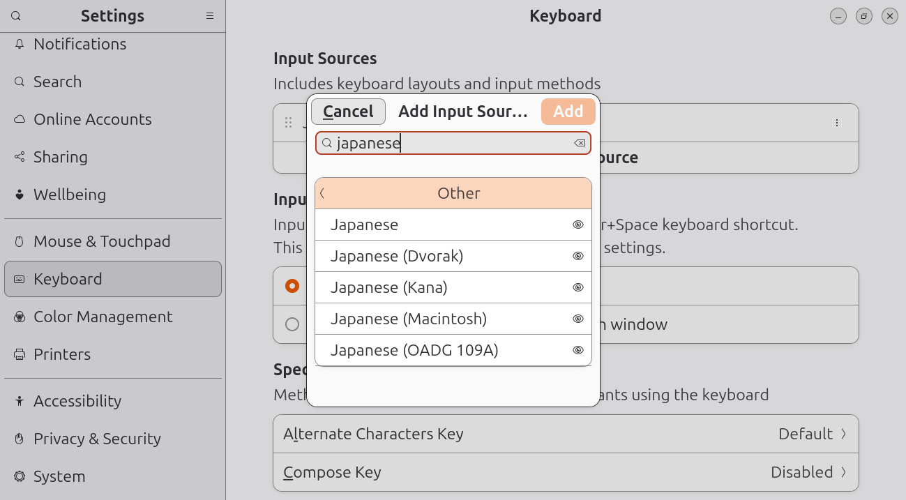 Add Input Source で japanese 検索した結果。Japanese / (Dvorak) / (Kana) / (Macintosh) / (OADG 109A) などキーボードレイアウトのみが表示され、Mozc は出てこない