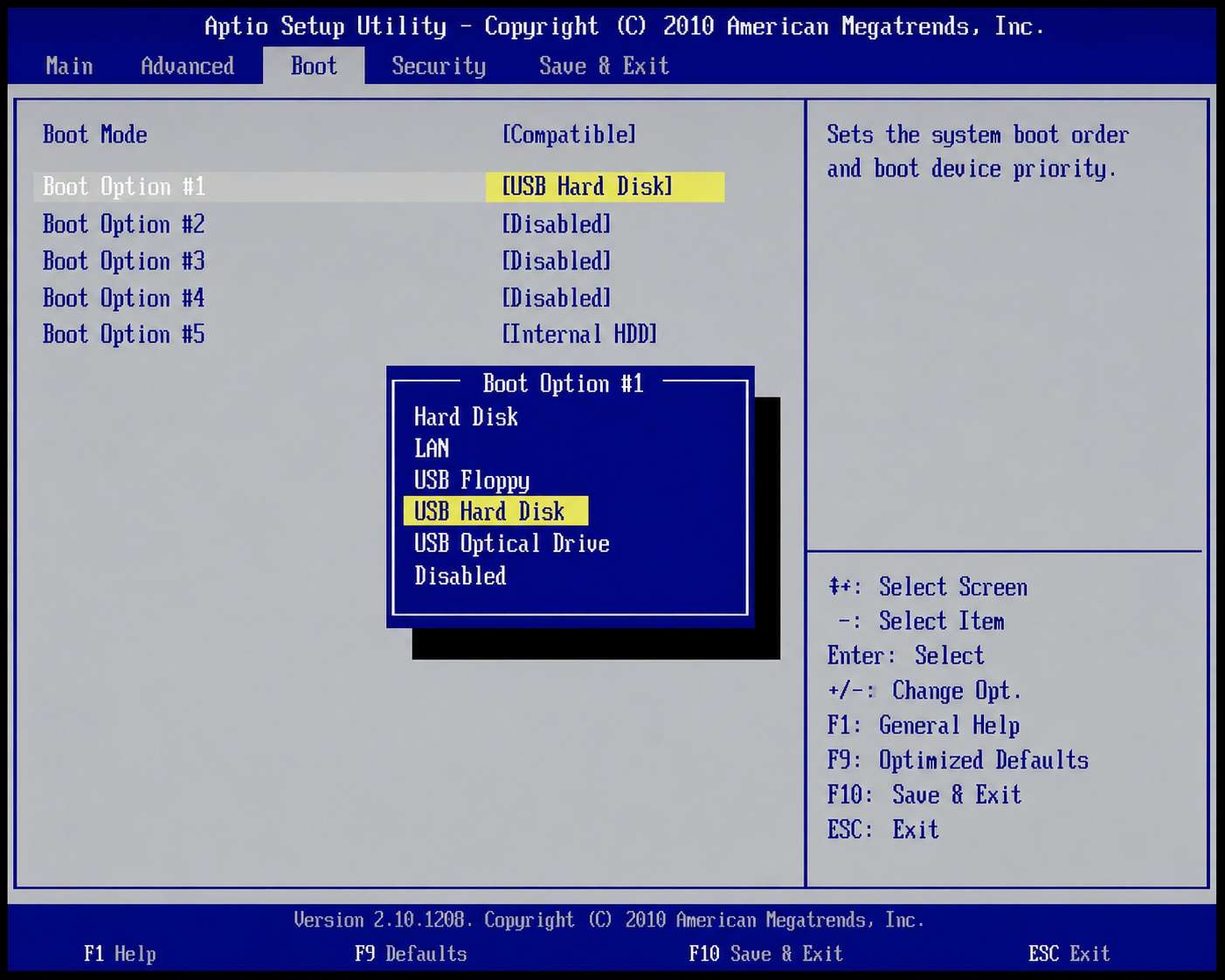 設定画面イメージ：AMI BIOS の Boot タブで Boot Option #1 を USB Hard Disk に設定（説明用イメージ）