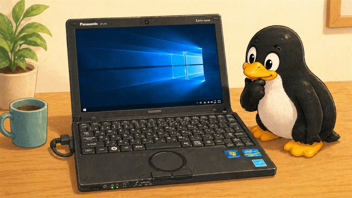 検証機の Panasonic Let's note CF-J10（2011年製）。画面には Windows 10、横で Tux が「Linux に入れ替えるか…」と査定中