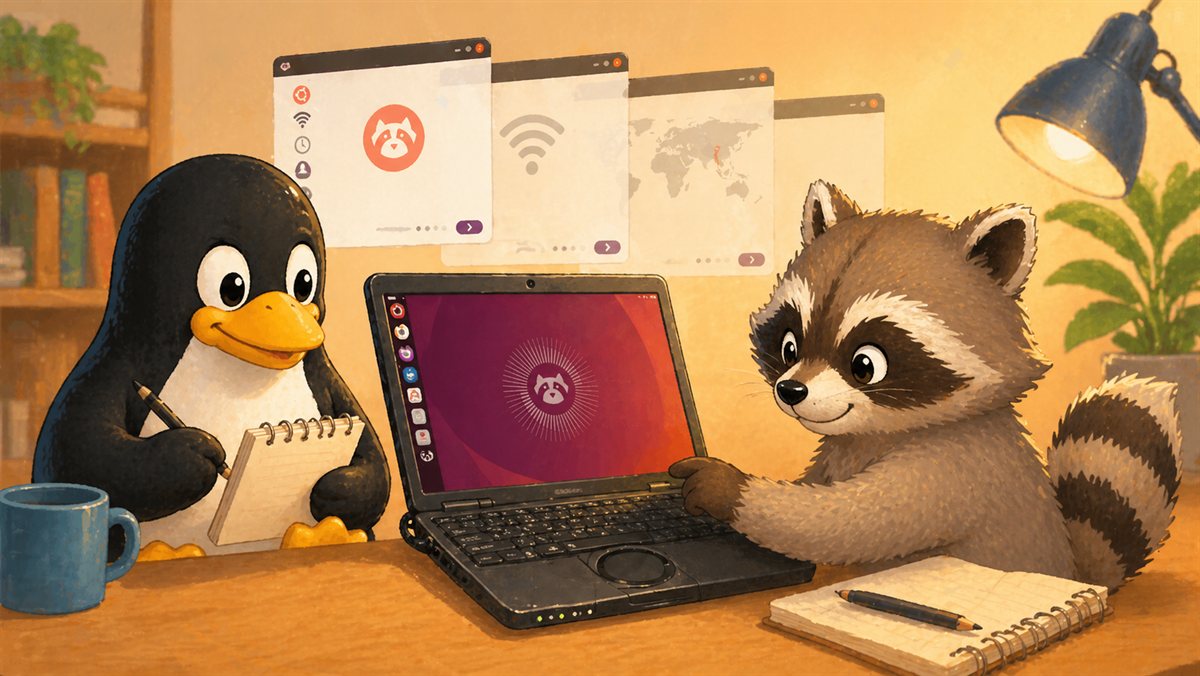 初回セットアップウィザードのイメージ：Resolute Raccoon が Next ボタンを押し、Tux がメモ帳でサポート