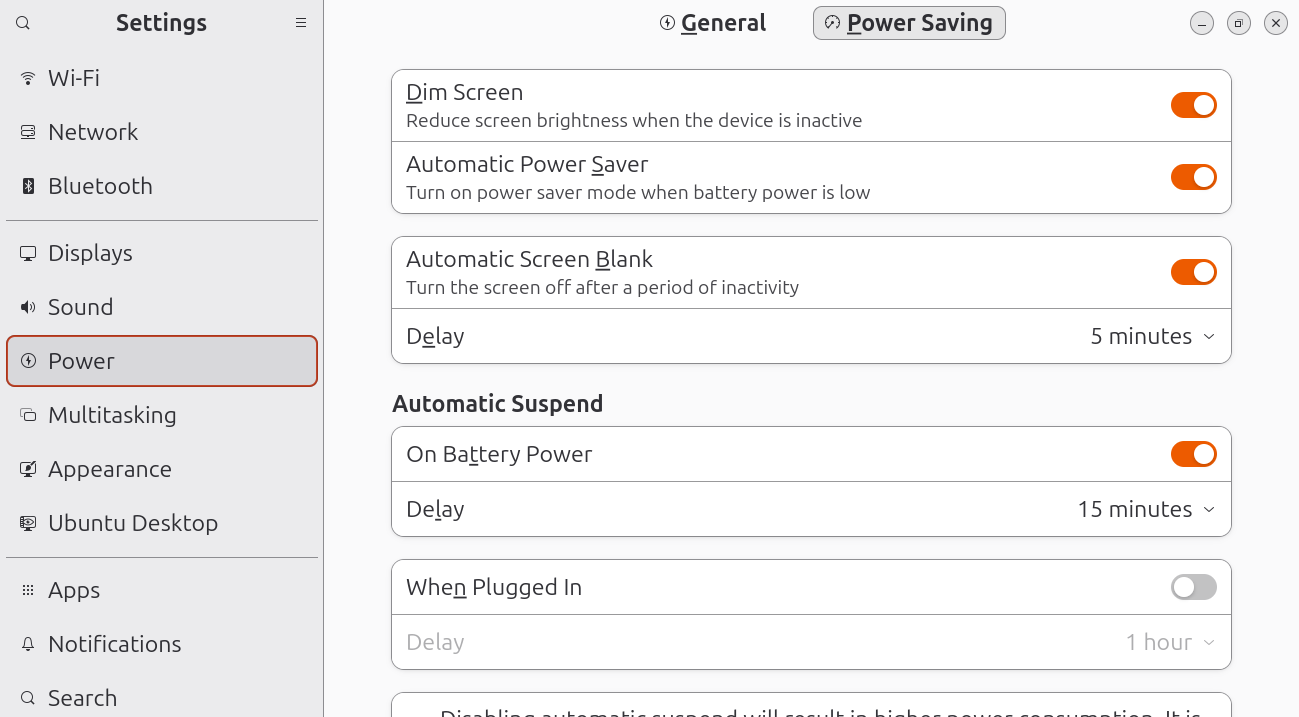 Settings → Power → Power Saving タブ。Automatic Screen Blank の Delay で画面消灯までの時間を設定