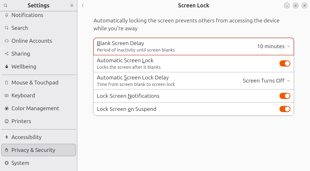 Settings → Privacy & Security → Screen Lock 画面。Blank Screen Delay と Automatic Screen Lock Delay の設定項目